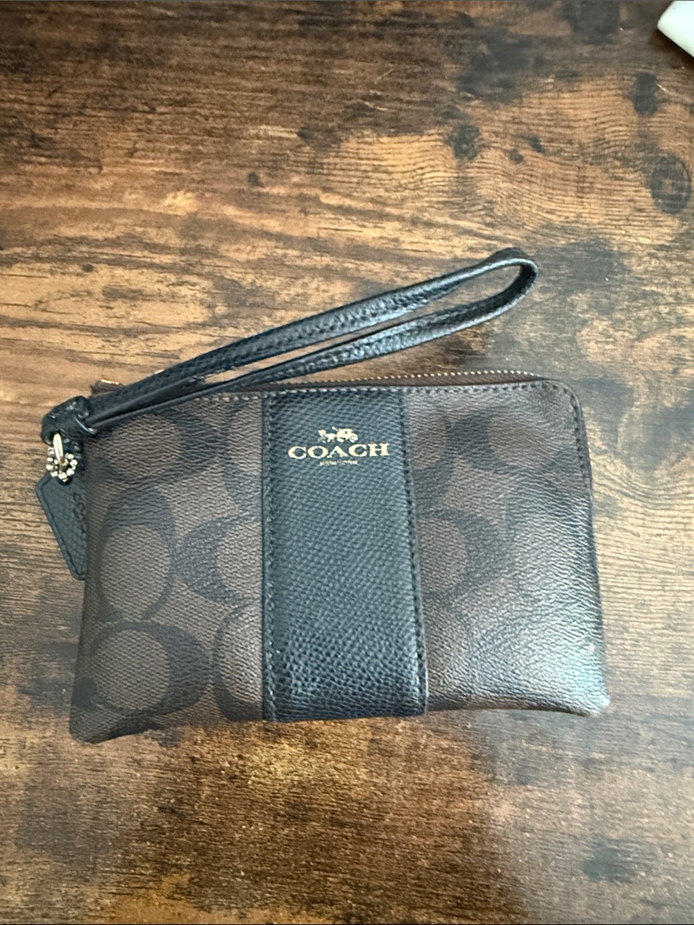 Coach Dark Brown Signature Wristlet with Black Trim